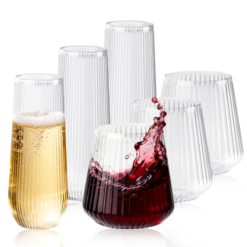 56 Pack Ribbed Origami Ripple Plastic Glasses, 32 Pcs 9 OZ Stemless Champagne Flutes & 24 Pcs 14 OZ Plastic Wine