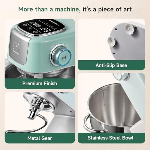 Hauswirt Stand Mixer Silent with LED Touch Screen, 5.3QT XL Large Mixers Kitchen Electric Stand Mixer for Household, 500W DC Motor 11-Speed for Bread Pasta Meat – Lake Green