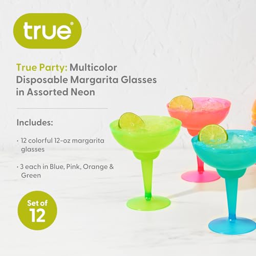 True Plastic Margarita Glasses Disposable, Margarita Cups 12 oz – Colorful Neon Plastic Cups for Pool, Beach, BBQ, Holiday & Party Use, Indoor & Outdoor, Birthday Party Supplies, Set of 12, Multicolor