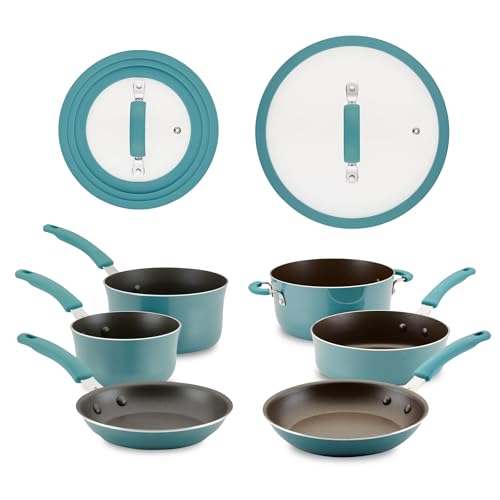 Rachael Ray Cook + Create Aluminum Nonstick Cookware Set, 10-Piece, Agave Blue