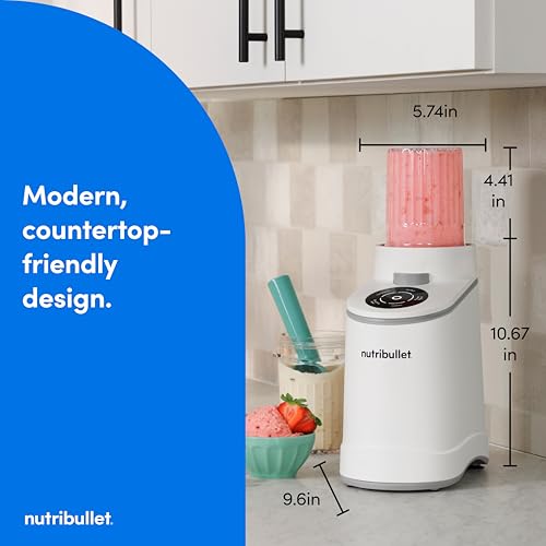 nutribullet Chill Ice Cream Maker, for Gelato, Sorbet, Frozen Yogurt, Smoothie Bowls, Compact Size, (2) Dishwasher Safe 16 oz. Pint Cups with Lids, White, NBD50100AW