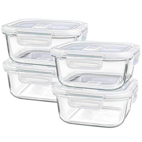 Susukkie Square Glass Containers with Lids 3 Cup/24 oz, 4 Pack