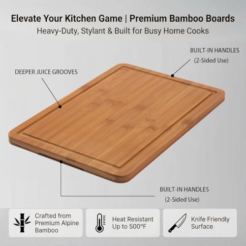 Zoutley 3-Piece Deep Carbonized Bamboo Cutting Board Set with Vertical Drying Stand | Wooden Chopping Boards for Kitchen | Extra Deep Juice Grooves & Easy-Carry Side Handles | Gift-Ready