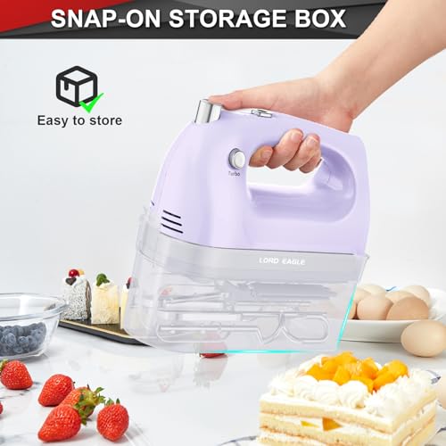 Lord Eagle Hand Mixer Electric Handheld 400W, 5-Speed Lightweight Kitchen Mixer with Storage Case, 5 Stainless Steel Attachments for Baking Cake Egg Cream Food Beater, Turbo+Eject Button, Purple