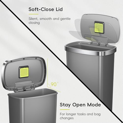 EKO Hana Select 13.2 Gallon / 50L Step Trash Can, Large Plastic Kitchen Trash Can with Stainless Steel Lid, Soft-Close & Stay-Open, Deodorizer Compartment, Wide Steel Pedal Garbage Can for Home, Grey