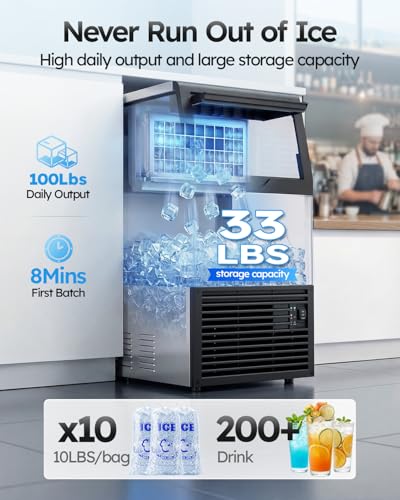 Mojgar Commercial Ice Maker Machine, 100lbs/24H with 33lbs Ice Storage Under Counter Ice Machine, Stainless Steel Built-in Freestanding Ice Maker Self-Cleaning for Home Bar