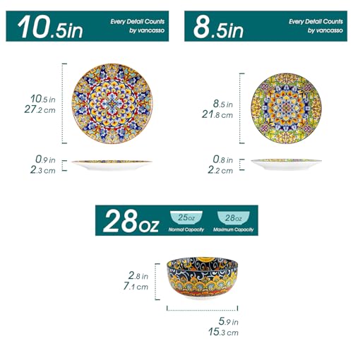 vancasso 12 Pieces Dinnerware Sets, Plates and Bowls Set, Porcelain Dishes Set for 4, Microwave and Dishwasher Safe, Scratch Resistant, Bohemian Style Dining Ware Service for 4, Series SIMI