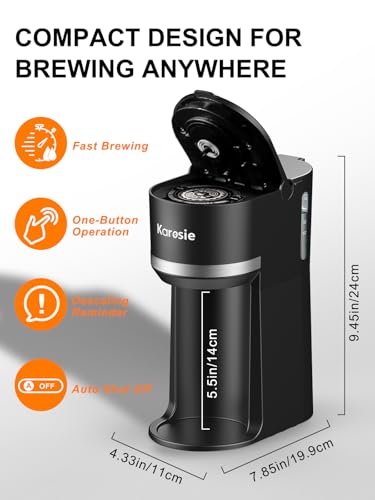 Karosie Single Serve Coffee Maker for Coffee Pods and Grounds, Fast Brew, 6-12 oz Brew Sizes Single Cup Coffee Maker Fits 5.5" Mugs, One-Button Small Coffee Maker, Descaling Reminder,Black,9.45 Inches