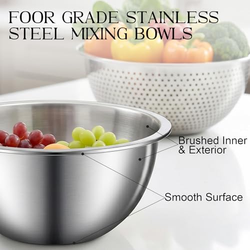 DUTZUN Heavy-Duty Stainless Steel Mixing Bowls Set of 5 plus 3QT Colander, Nesting Kitchen Metal Bowl for Baking Prep Salads Serving Cooking, Dishwasher Safe — 4.0 to 0.8 QT