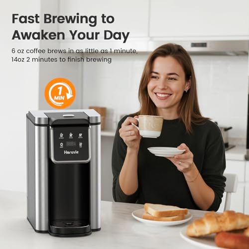 Horavie Single Serve Coffee Maker for K-Cup Pod and Grounds, Hot & Iced Coffee Maker, Strong Button Feature, 6 to 14oz Brew Sizes, 50oz Removable Reservoir, Fit 6.5" Mugs, Stainless Steel, Black