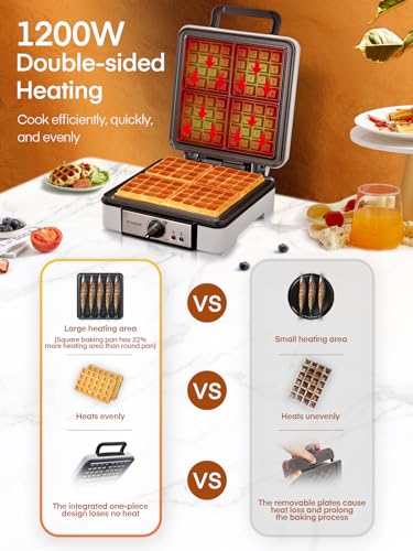 FOHERE Waffle Maker 4 Slices, 1200W Square Waffle Iron, 5 Browning Levels, Nonstick Plates, Cool-touch Handle, Anti-scald, Anti-overflow, Indicator Lights, Recipe, White (Large)
