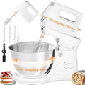Vikaluz 4.8QT 2-in-1 Stand Mixer, Electric Kitchen Mixer with Auto-Rotating Bowl & Tilt-Head, 5-Speed 250W Turbo Baking Machine for Beginners with Beater & Dough Hook for Cookie, Bread, Cake (White)