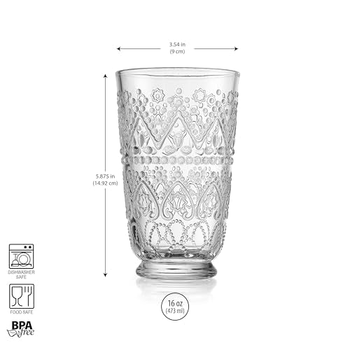 MosJos Set of 4 Vintage Beaded Highball Glasses, Clear Drinking Glasses 16 Ounce Elegant Drinking Glassware with Embossed Textured Decor Pattern Premium Sturdy Glass Cups