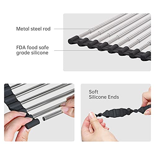 ARAINY Large Telescopic Drain Rack Roll Up Rack Heat-Resistant Dish Drainer Kitchen Sink Rack Over the Sink Dish Drying Rack Stainless Steel Dish Rack (18 Tube 21.25''x12.79'')