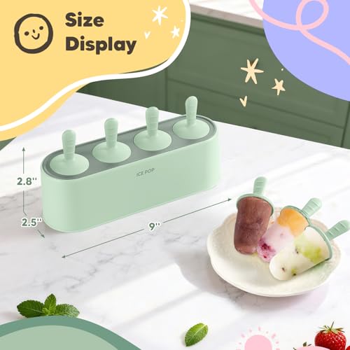 Popsicle Mold Set 4 Pieces Homemade Silicone Popsicle Maker Easy Release Ice Cream Molds Reusable DIY Pop Molds (Green, IcyClassic Pops)