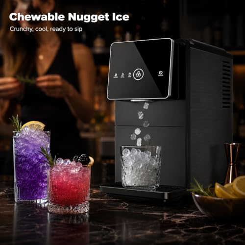 Kismile Nugget Ice Maker Countertop, 33LBS/24H Ice Machine with Soft Chewable Ice, One-Click, Self-Cleaning Function, Stainless Steel Ice Maker with Indicator Lights for Home/Kitchen(Black)