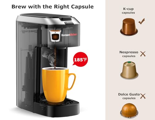Bonsenkitchen Single Serve Coffee Maker K Cup Pod with 6-14oz Brew Size- 3 Min Fast Brewing Machine with Strength Control, BPA-free Materials, Fits 6.6" Travel Mugs, Silver, Upgrade