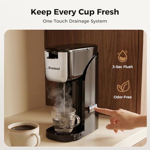 Aromvel 2-in-1 Single Serve Coffee Maker for K Cup Pods & Ground Coffee, 6 to 14 oz Brew Sizes, Compact Small Brewer with Dual Buttons, Adjustable Drip Tray for Travel Mugs, Silver