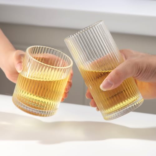 Lumkit Ribbed Drinking Glasses 8pcs, 12oz and 10oz Glassware, Tumbler Glasses Cup Set for Wedding, Party, Christmas Gift, Clear