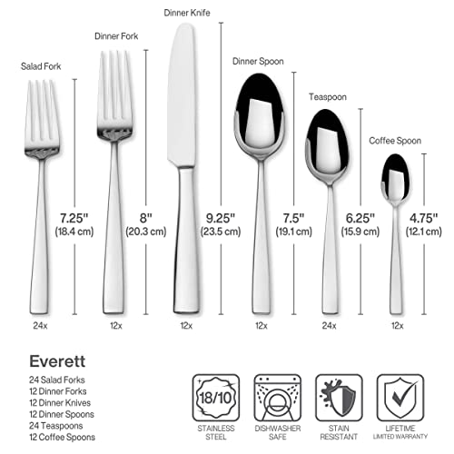Mikasa Everett 18/10 Stainless Steel Flatware Set, 101-Piece Service for 12, Silverware Set with Slim Square-Cut Handles, Dishwasher Safe Cutlery Set