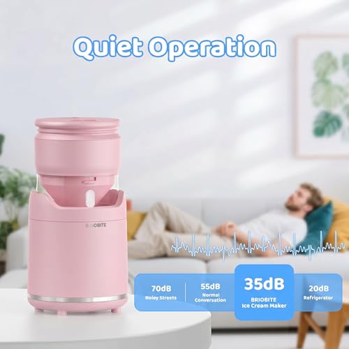 BRIOBITE Ice Cream Maker,Rechargeable Soft Ice Cream Machine with Low Noise,Compact for 1-2 Servings,Perfect for Sorbet,Gelato,Frozen Yogurt,Pink