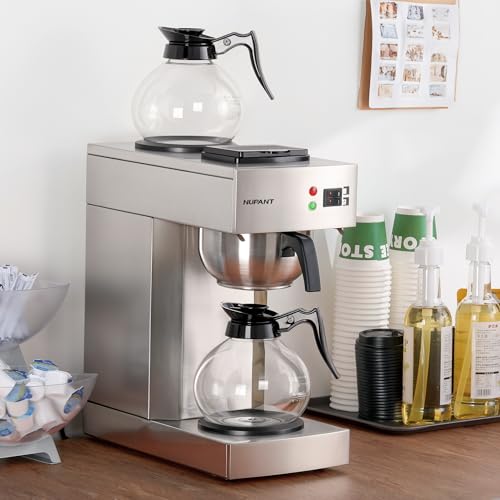 NUPANT 12-Cup Coffee Maker 1.8L Commercial Drip Coffee Maker Pour Over Coffee Machines with 2 Glass Carafes and 2 Warmers Plate Stainless Steel Coffee Brewer for Cofe Bar and Restaurant
