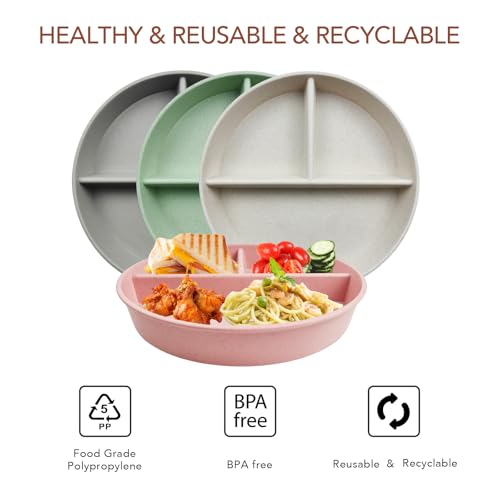 greenandlife 9 Inch 4PCS Divided Plates with Lids, Portion Control Plates for Kids Adults, Dishwasher Microwave Safe Compartment Plate, Unbreakable Lightweight Reusable Wheat Straw Plate Set, INS