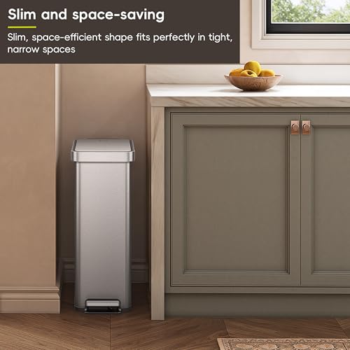 EKO Hudson Slim 50L / 13.2 Gallon Kitchen Trash Can with Lid, Stainless Steel Step Garbage Can for Kitchen or Home, Space-Saving Garbage Can with Soft Close Lid, Stay-Open, Liner Ring, Handle