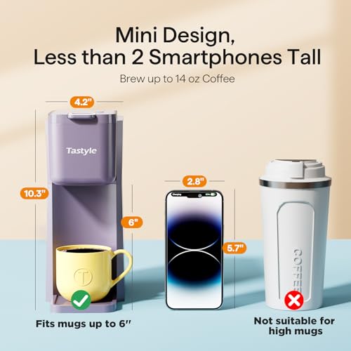 Tastyle Mini Hot and Iced Coffee Maker Single Serve, for K Cup and Ground, 6 to 14 Oz Brew Sizes, with Recipe Book, for Home, Travel, RV, Office and Dorm, Violet