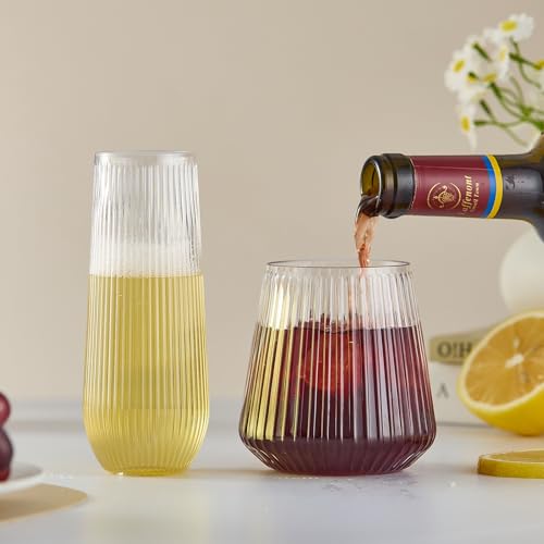 56 Pack Ribbed Origami Ripple Plastic Glasses, 32 Pcs 9 OZ Stemless Champagne Flutes & 24 Pcs 14 OZ Plastic Wine Glasses, BPA-Free Disposable Shatterproof Toasting Glasses for Weddings Parties