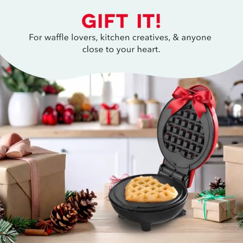 Dash Mini Waffle Maker- Mini Machine for Creative Homemade Treats - Nonstick Iron with Unique Print Design - Stylish Waffle Machine - Red Heart