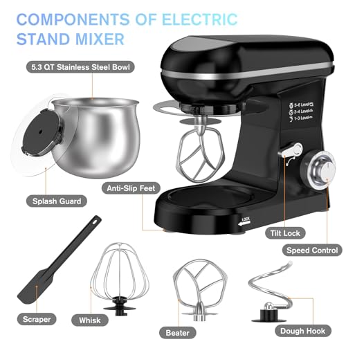 Electric Stand Mixer with 5.3 Quart, Cake Mixer with Stainless Steel Bowl and Stand, Kitchen Mixer Tilt-Head Design Includes Dough Hook, Whisk & Beater - Great for Baking Bread, Cakes, Cookies