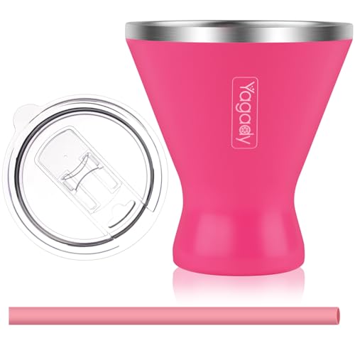 Yagady Stainless Steel Martini Tumbler with Lid & Cuttable Silicone Straw - 10oz Vacuum Sealed Insulated Martini Glass - Elegant Design Margarita Glass for Perfectly Chilled Drinks (Red)