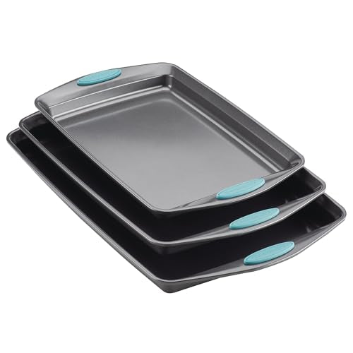 Rachael Ray Nonstick Baking Pans Set, 3-Piece Cookie Pan Bakeware, Gray with Agave Blue Silicone Grips