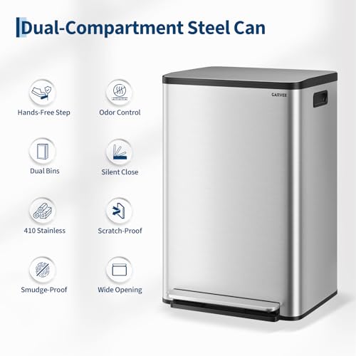 13 Gallon Trash Can Kitchen Garbage Bin with Removable Inner Buckets 50L Stainless Steel Step-on Metal Large Waste Cans with Soft Close Lid Silver