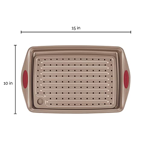Rachael Ray Cucina Nonstick Bakeware Set with Grips, Nonstick Cookie Sheet / Baking Sheet with Crisper Pan - 2 Piece, Latte Brown with Cranberry Red Handle Grips
