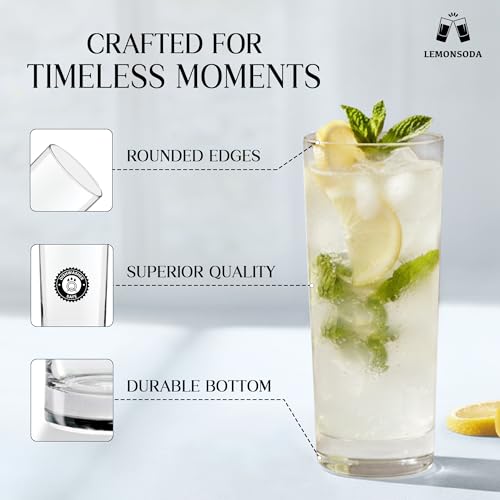 LEMONSODA Premium Highball 12oz/15oz Glass Sets - Elegant Tom Collins Glasses - Tall Water Drinking Glasses - Bar Glassware for Mojito, Whiskey, Cocktail (15oz, Set of 6)