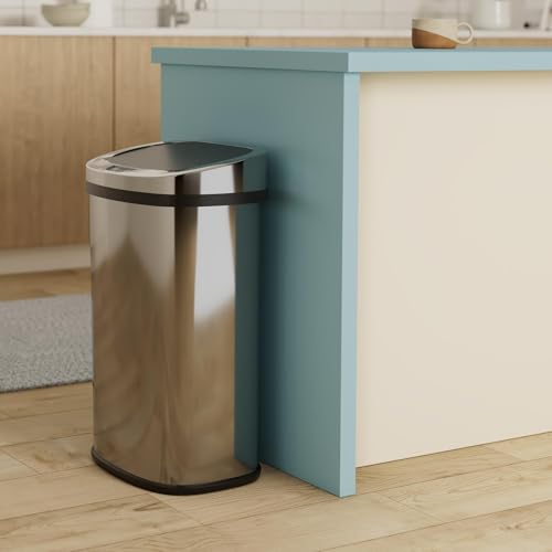 FDW Garbage Can 13 Gallon 50 Liter Kitchen Trash Can for Bathroom Bedroom Home Office Automatic Touch Free High-Capacity with Lid Brushed Stainless Steel Waste Bin