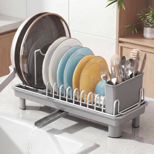 Nfnoyp Dish Rack, Carbon Steel Small Dish Drying Rack Rustproof for Kitchen Counter, Compact Space-Saving Dish Drainer with Adjustable Slots for Small Kitchens & Apartments, 16.5×6.5×7inch, Grey