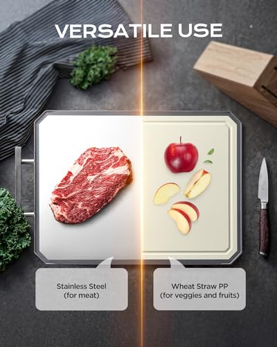 SNOWCLAD Stainless Steel Cutting Board,Double Sided Steel Bread Boards for kitchen,Stainless Steel/Wheat straw pp Large Board for meat,non toxic Chopping,Dishwasher Safe,16 * 11 Inch