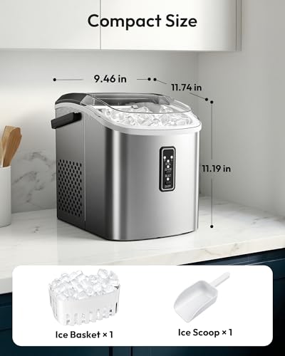 EUHOMY Ice Maker Countertop, 9 Cubes Ready in 6 Mins, 26lbs/24H, Self-Cleaning, Portable Ice Maker Machine with Carry Handle, Basket and Scoop, 2 Sizes of Bullet Ice for Home, Kitchen, Office