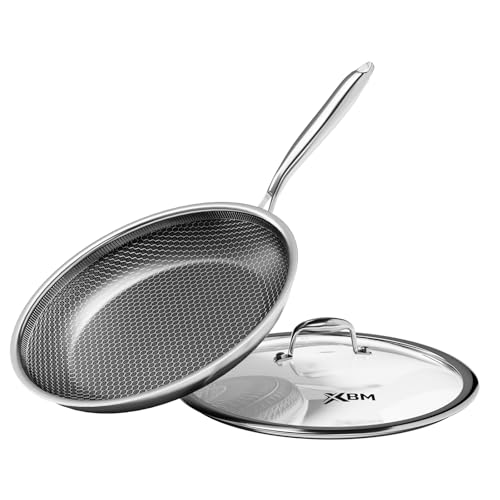 XBM Nonstick Frying Pan with Lid 12-Inch, Durable Stainless Steel Skillet, Induction Cooktop
