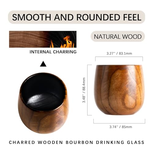 RIFOVN Wooden Whiskey Glasses 10oz, Rustic Bourbon Glasses, Birthday Gifts for Men, Husband, Dad, Brother, Home Bar Drinkware (2 Pack)