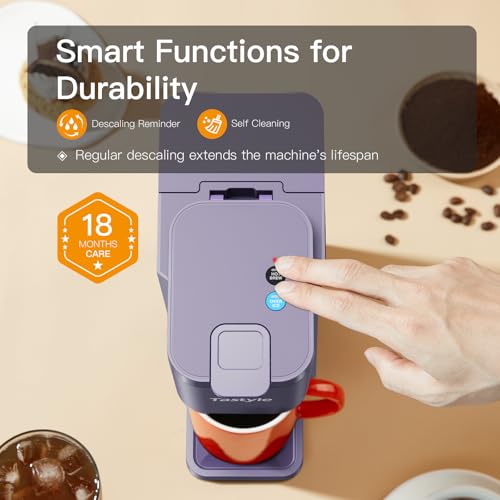 Tastyle Mini Hot and Iced Coffee Maker Single Serve, for K Cup and Ground, 6 to 14 Oz Brew Sizes, with Recipe Book, for Home, Travel, RV, Office and Dorm, Violet