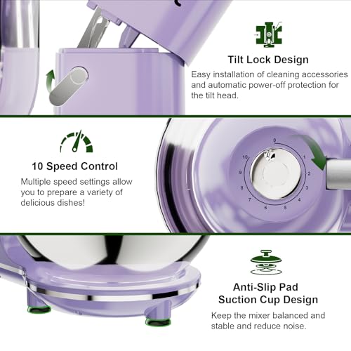 Camic Electric Stand Mixer,7.45 QT,10 Speeds with Dough Hook,Whisk, Flat Beater Attachments, Splash Guard, Easy-Carry Top Handle,3-IN-1 Kitchen Mixer for Baking Cakes Cookie Bread Salad (Purple)