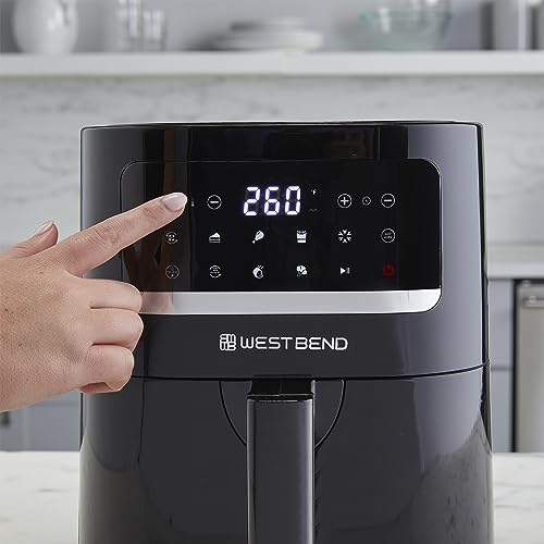 West Bend Compact Air Fryer 5-Quart Capacity with Digital Controls LCD Display and 10 Cooking Presets with Shake Reminder, Nonstick Frying Basket, 1500-Watts, Black