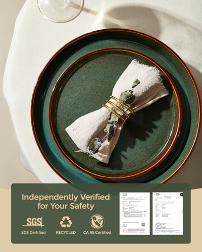 Pokini Plates and Bowls Sets for 4, Ceramic Dinnerware Sets, Kitchen Dish Set, Microwave & Dishwasher Safe Dishware, Highly Durable Hand Glazed Dinner Set, Brown Green