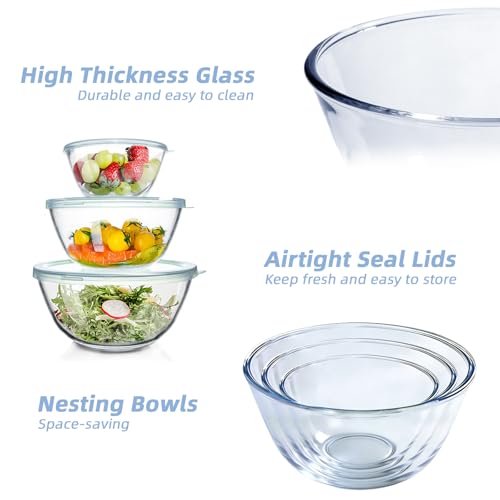 WhiteRhino Glass Mixing Bowls Glass Bowls with Lids Set(4.5QT,2.7QT, 1.1QT),Large Salad Bowls,glass mixing bowl Space-Saving Nesting Storage bowls for Cooking,Baking,Prepping,Dishwasher Safe