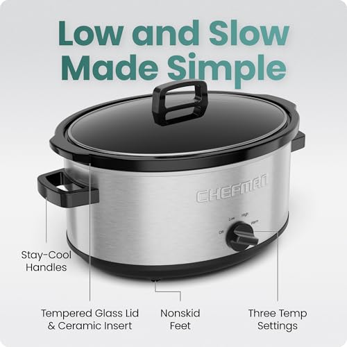 Chefman Slow Cooker 7 Quart, Large Family Size Slow Cooker with Low, High & Warm Settings, Removable Ceramic Crock, Tempered Glass Lid, Dishwasher-Safe for Easy Cleanup, Stainless Steel