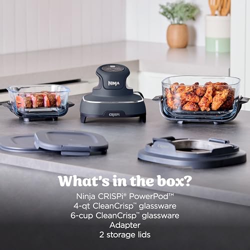 Ninja Crispi 4 in 1 Glass Air Fryer, 450°F, Non Toxic, 4QT and 6 Cup Containers with Lids, Dishwasher Safe, Cyberspace Gray, 1 Count, FN101GY